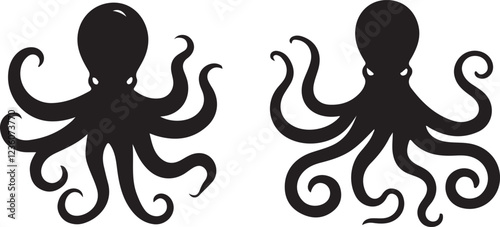 Silhouette vector illustration of a flat octopus art in black color on a white background