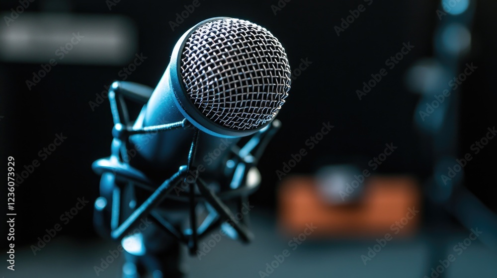 A close-up shot of a microphone with a blurry background, suitable for use in audio or music-related contexts A close-up shot of a microphone with a blurry background, suitable for use in audio or music-related contexts