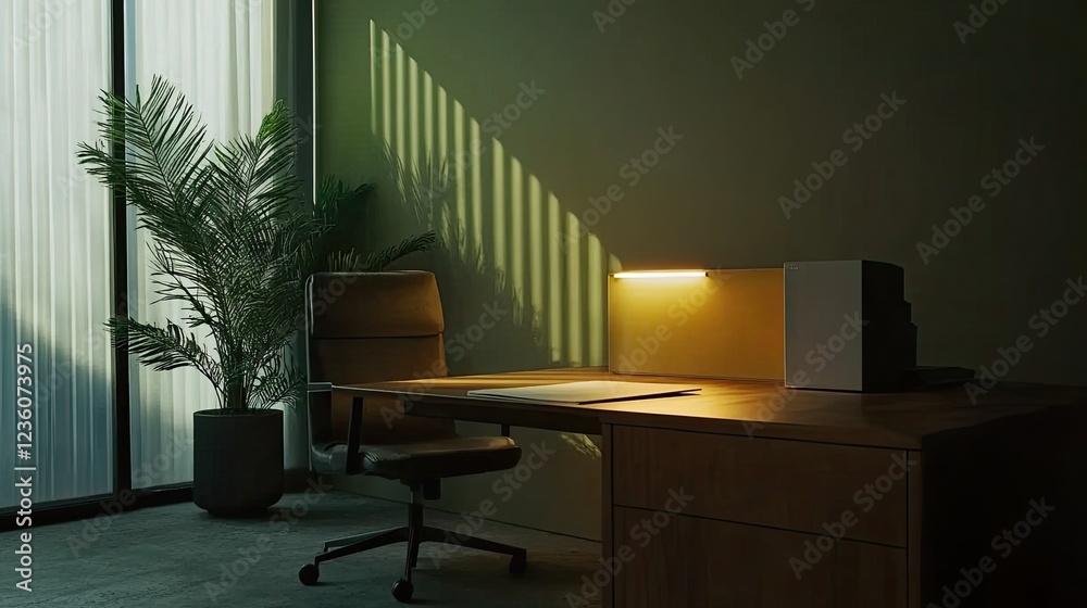 Fototapeta premium Sunlight creates shadows in a minimalistic workspace with a desk and plants