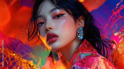 A vibrant fashion shoot featuring a K-pop star, bold couture, and glowing real skin textures in ultra-realistic 8K resolution.