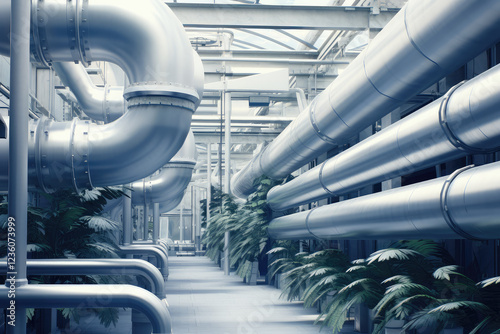 Modern Industrial Pipeline System with Greenery