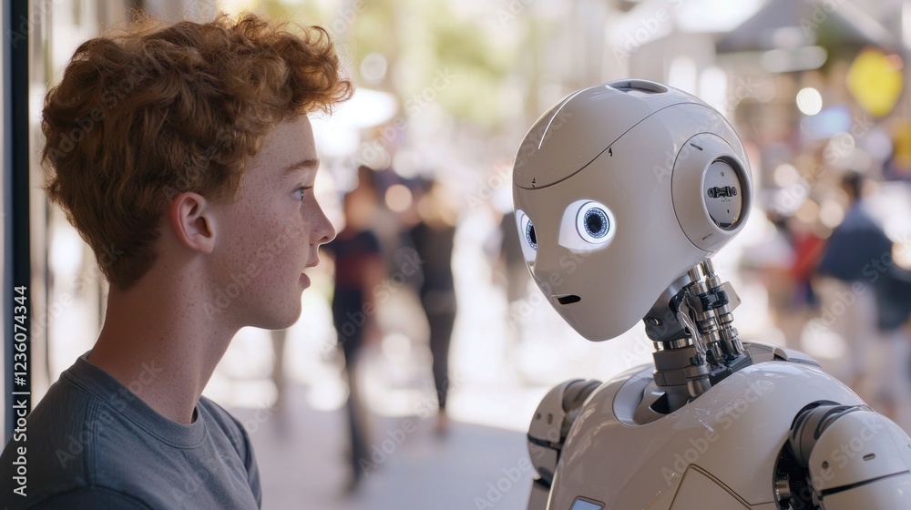 Obraz premium A young boy engages directly with a humanoid robot in an urban setting. The moment highlights the growing relationship between humans and technology in daily life