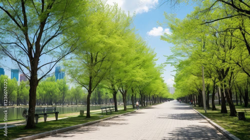 Serene Park Pathway Lined with Green Trees Serene Park Pathway Lined with Green Trees