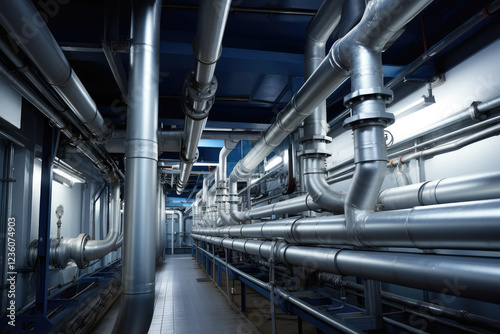 Industrial Steel Pipeline Network in Factory