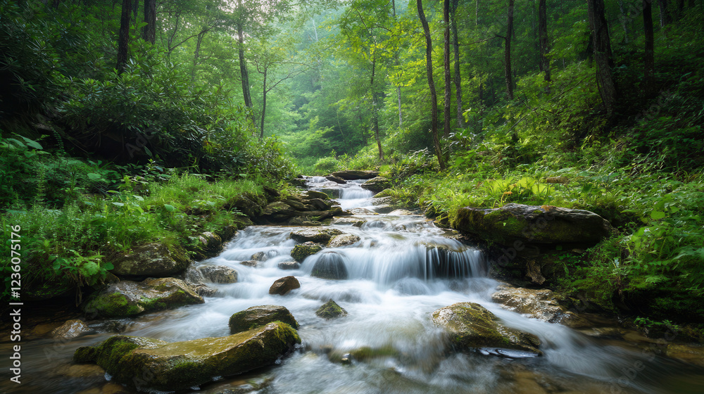 A serene stream flows through lush greenery in Georgia, showcasing nature\'s tranquility during a peaceful afternoon A serene stream flows through lush greenery in Georgia, showcasing nature\'s tranquility during a peaceful afternoon