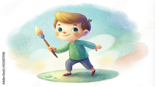 Charming watercolor illustration of a young child painting on a canvas,  AI generated
