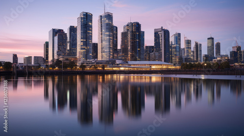 Serene Evening City Skyline Reflection