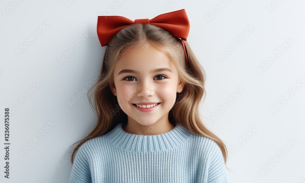 Cheerful young girl with red bow smiling brightly against blue background Cheerful young girl with red bow smiling brightly against blue background