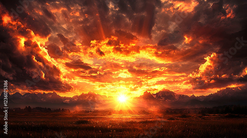 Fiery sunset over mountain range, dramatic sky, tranquil meadow