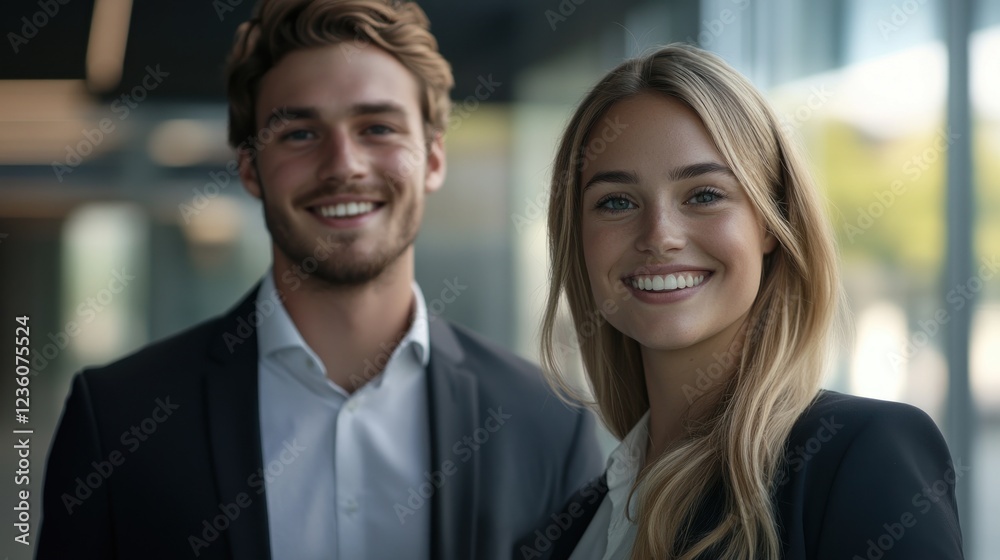 Smiling business colleagues portrait, modern office, city backdrop, teamwork concept Smiling business colleagues portrait, modern office, city backdrop, teamwork concept