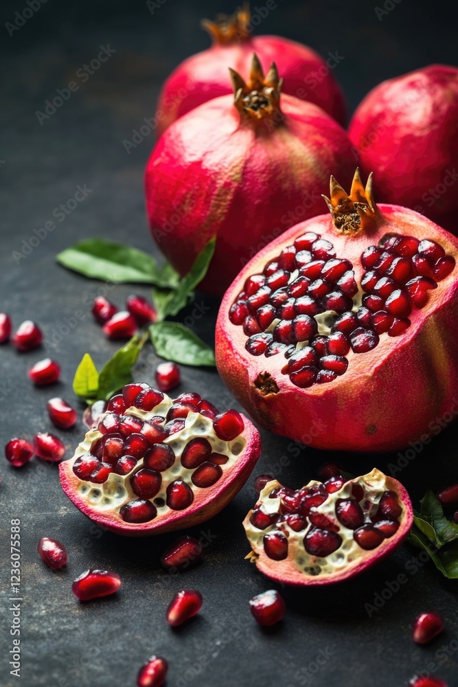 A cluster of pomegranates on a wooden table, ready for decoration or consumption A cluster of pomegranates on a wooden table, ready for decoration or consumption