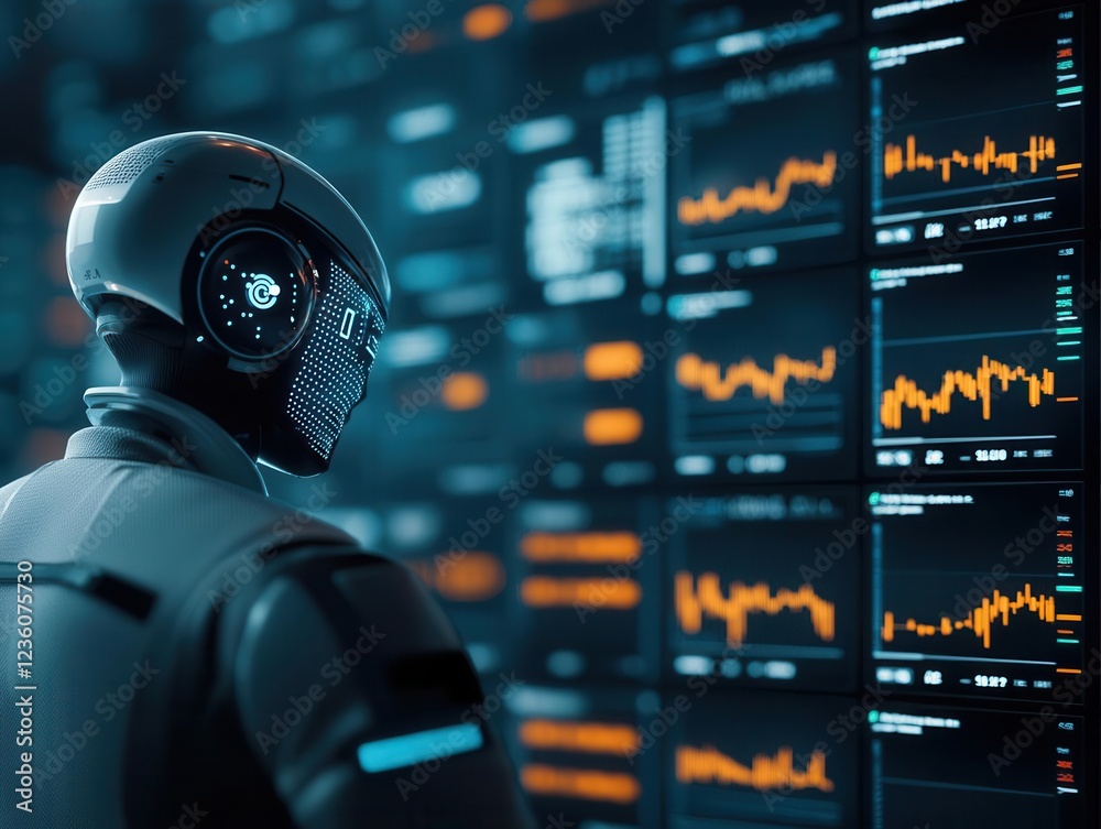 Futuristic robot analyzing data on digital screens in a dark room. Futuristic robot analyzing data on digital screens in a dark room.