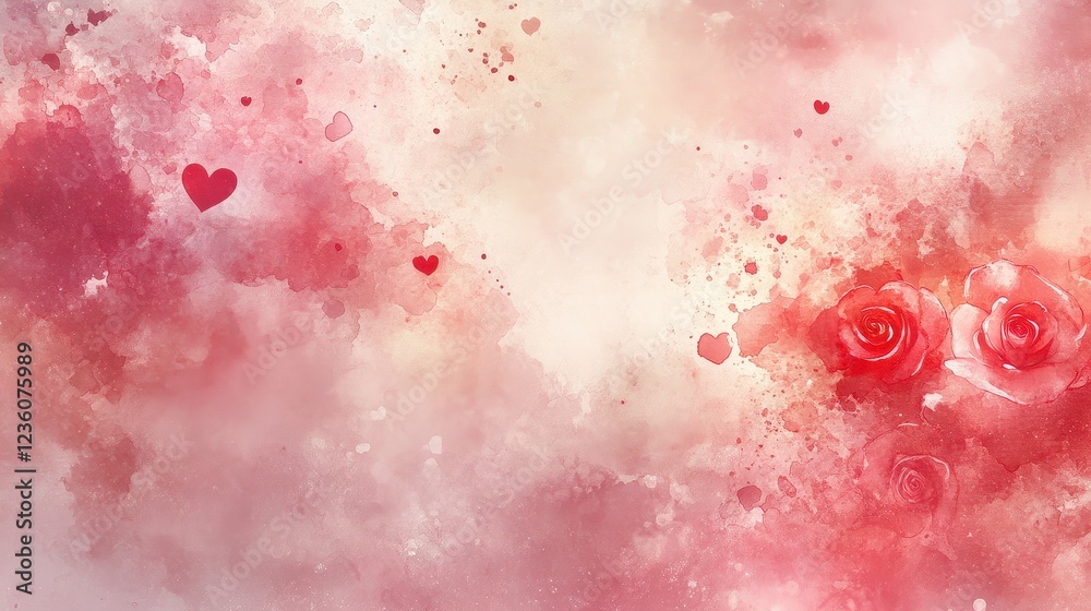 Fototapeta premium Romantic watercolor background with soft pink and red heart-shaped bokeh, delicate roses, and a dreamy glow, perfect for Valentine Day themes. 