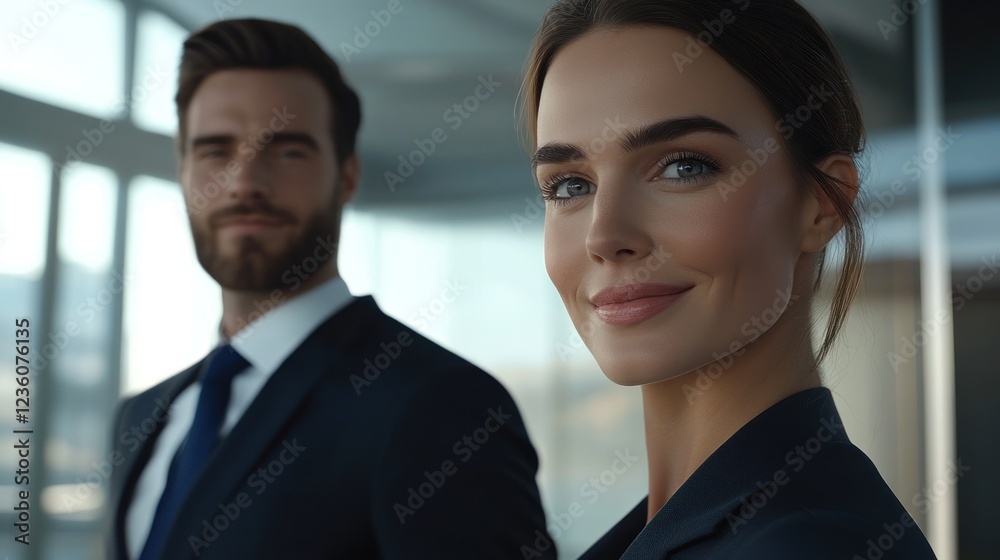 Confident business professionals smiling, modern office, city view Confident business professionals smiling, modern office, city view