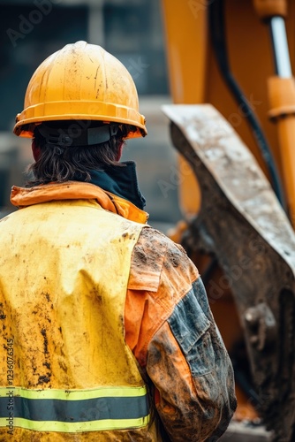 A person wearing a hard hat and yellow vest working on a construction site