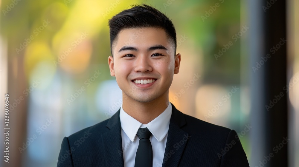 Smiling Asian businessman portrait, city background, headshot Smiling Asian businessman portrait, city background, headshot