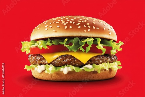 Delicious hamburger topped with fresh ingredients against a vibrant red background