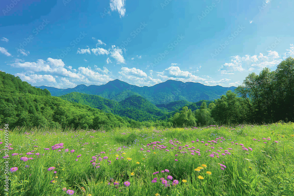 Fototapeta premium Mountain Meadow Panorama: Vibrant Wildflowers Under a Summer Sky