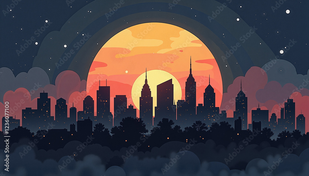 Fototapeta premium Vibrant city skyline at sunset, artistic urban landscape