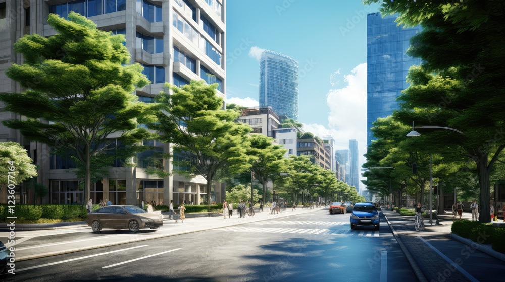 Obraz premium Bustling Urban Street on a Sunny Day