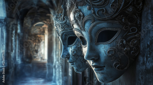 Ornate Venetian masks in a dimly lit hallway.