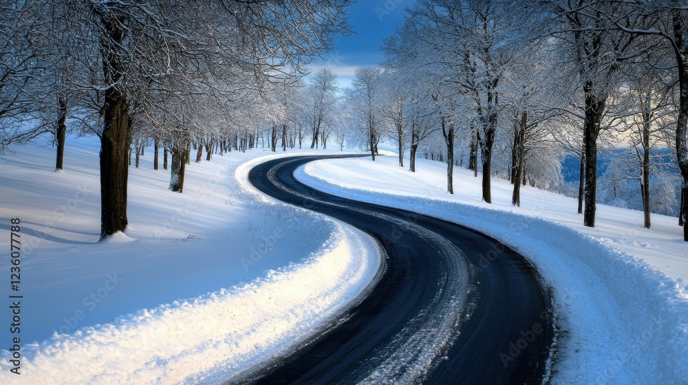 A narrow road curves gently through a serene winter landscape, flanked by tall trees blanketed in fresh snow. The blue sky adds a tranquil ambiance A narrow road curves gently through a serene winter landscape, flanked by tall trees blanketed in fresh snow. The blue sky adds a tranquil ambiance