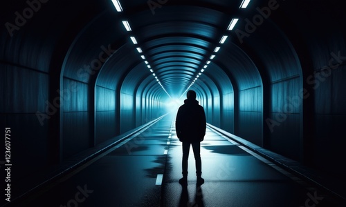 Silhouette in futuristic tunnel: journey towards light and mystery