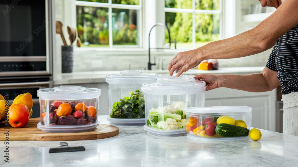 Organizing fresh produce and vegetables in clear containers for meal prep in a modern kitchen Organizing fresh produce and vegetables in clear containers for meal prep in a modern kitchen