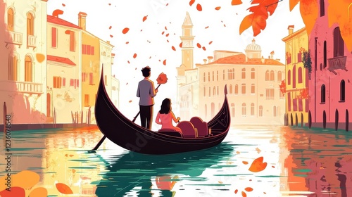 Romantic Gondola Ride in Venice with Autumn Colors and Reflection