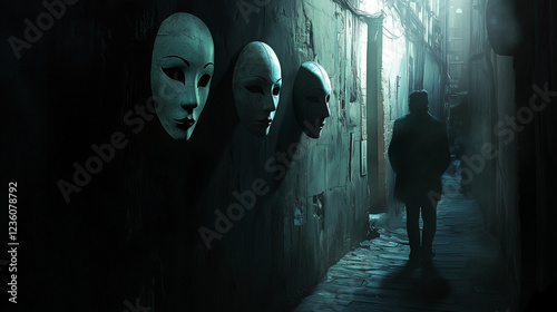 Mysterious alleyway with masks and a solitary figure.