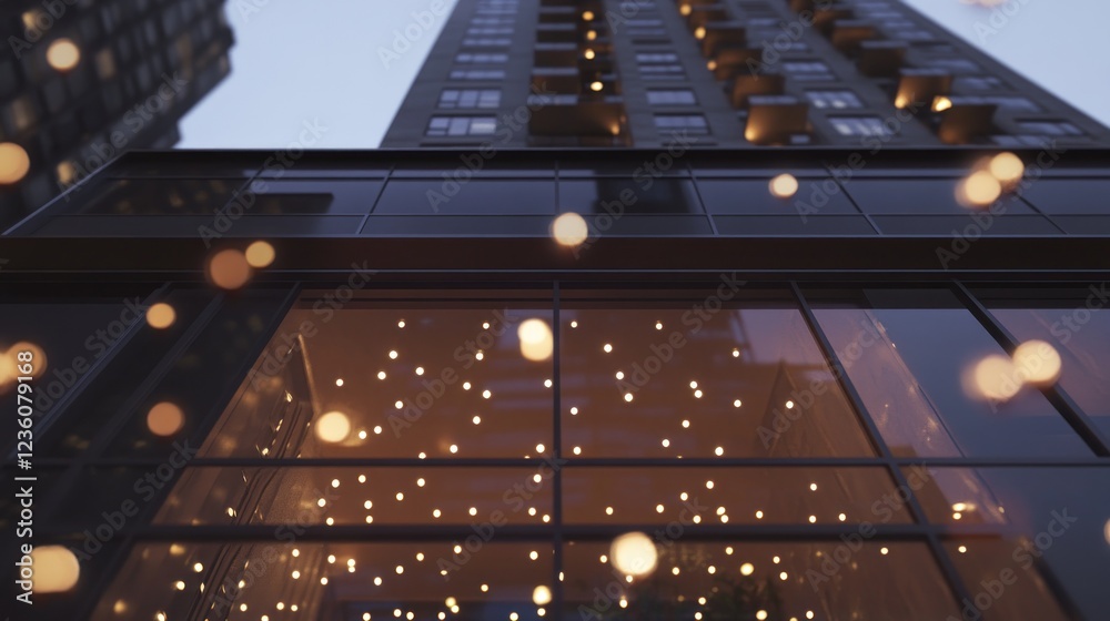 City twilight, building facade, warm interior lights, bokeh, urban design City twilight, building facade, warm interior lights, bokeh, urban design