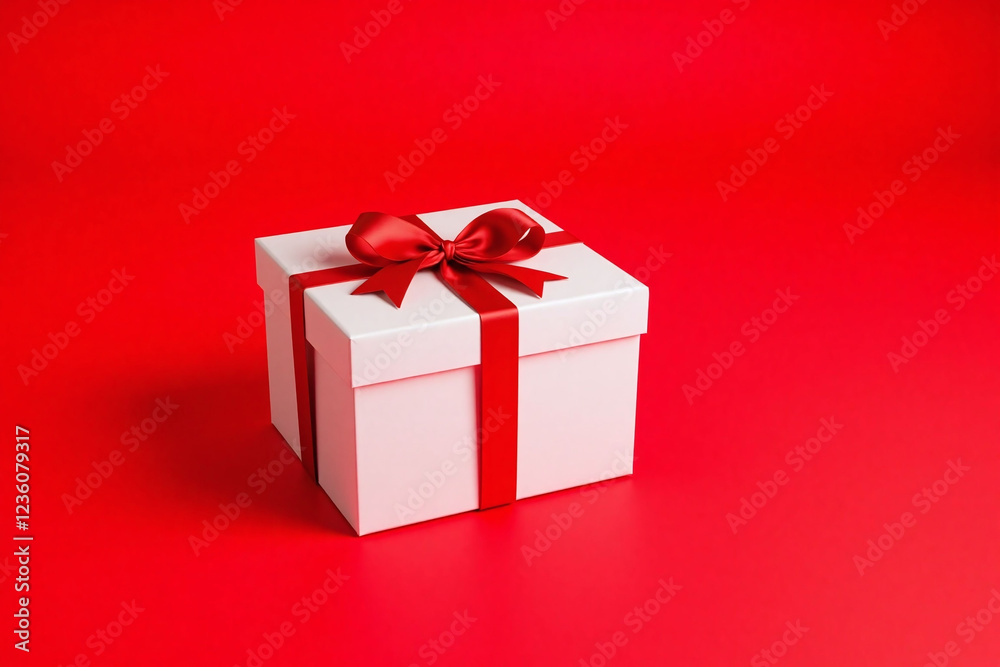 Fototapeta premium Beautifully styled white gift box with red ribbon on vibrant red background