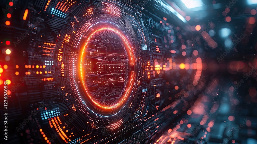 Fototapeta premium A glowing core showcasing dynamic circuit energy bursts. Generative AI