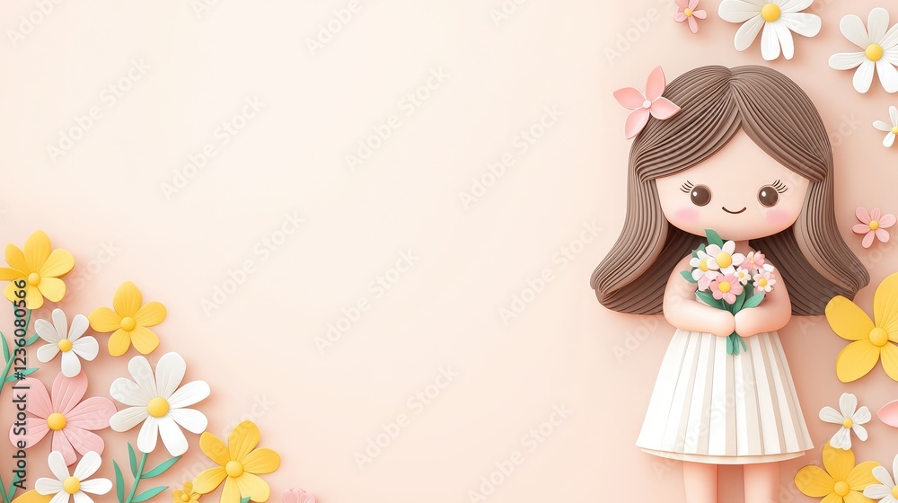 Charming Cartoon Girl Holding Flowers Surrounded by Colorful Paper Floral Decorations on Soft Pink Background Charming Cartoon Girl Holding Flowers Surrounded by Colorful Paper Floral Decorations on Soft Pink Background