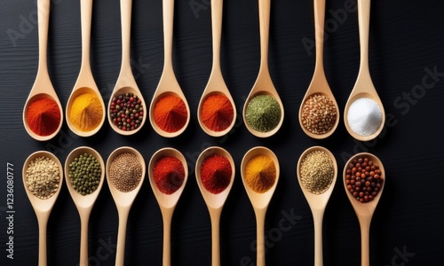 Variety of colorful spices arranged on wooden spoons against dark background photo