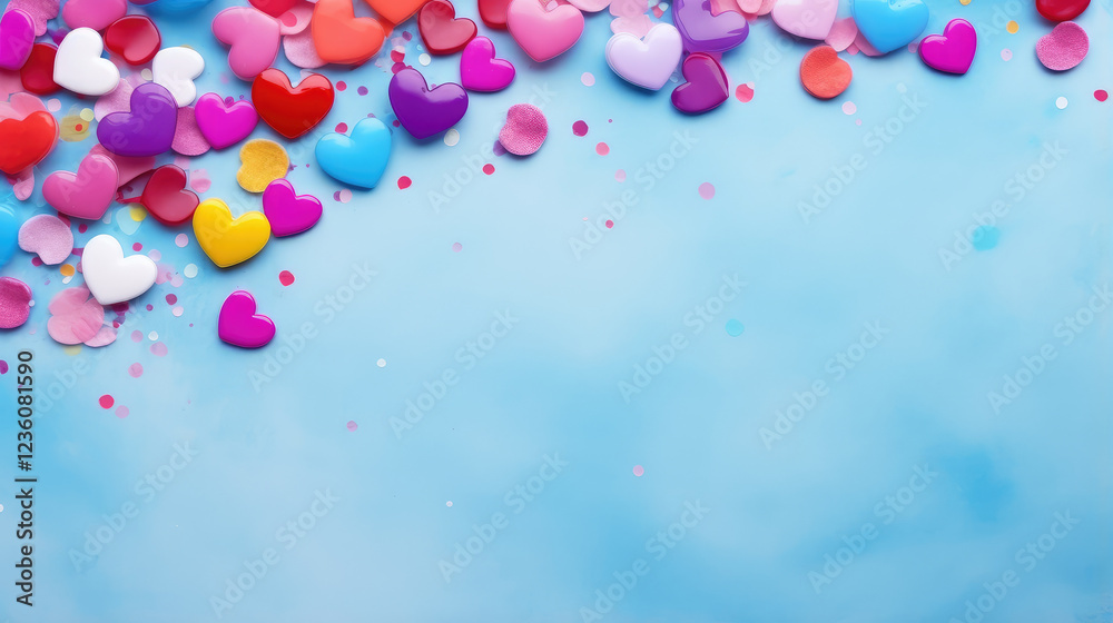 Colorful Hearts Cascade on Dreamy Blue Backdrop Colorful Hearts Cascade on Dreamy Blue Backdrop