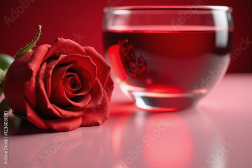 close up of red rose and glass of red liquid surface