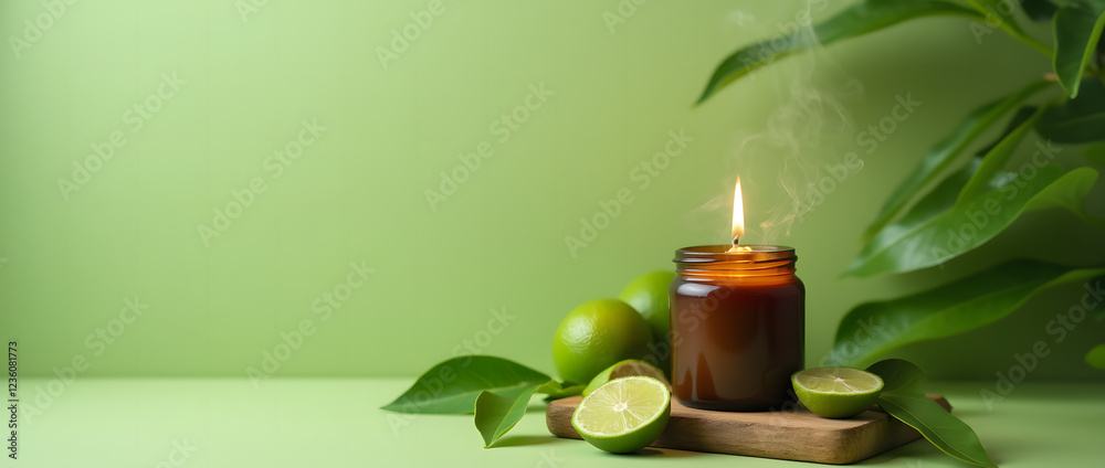 Relaxing Atmosphere with Soy Wax Candle in Brown Glass Jar, Enhanced by Lime Leaves and Soothing Green Background for Home Décor Relaxing Atmosphere with Soy Wax Candle in Brown Glass Jar, Enhanced by Lime Leaves and Soothing Green Background for Home Décor