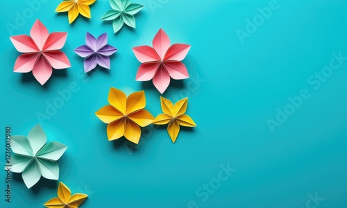 Colorful origami flowers on turquoise background for creative and modern design projects