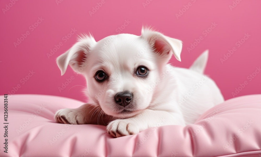 Adorable white puppy relaxing on a pink pillow against a pastel background Adorable white puppy relaxing on a pink pillow against a pastel background
