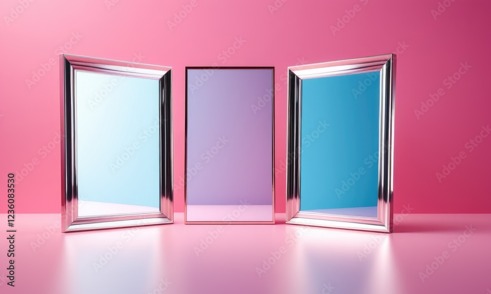 Reflective mirrors on pink background: modern geometric aesthetic Reflective mirrors on pink background: modern geometric aesthetic