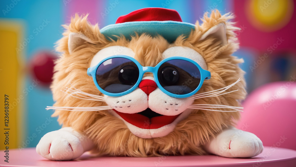 Obraz premium Plush toy cat wearing sunglasses and a hat is displayed on a table in a colorful children’s play area