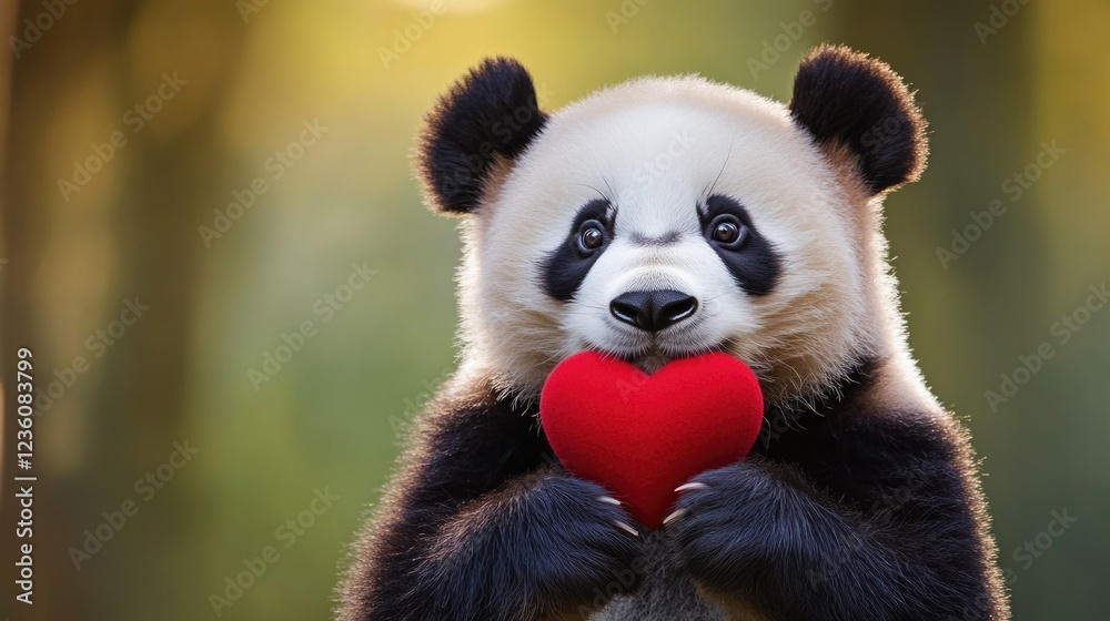 Fototapeta premium A cuddly panda bear grasping a bright red heart, perfect for Valentine's Day or love-themed illustrations