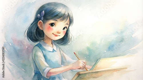 Charming watercolor illustration of a young child painting on a canvas,  AI generated