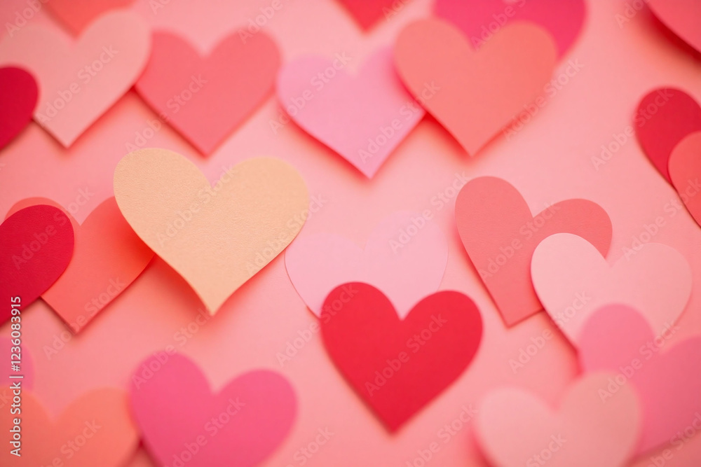 Close up of heart shaped paper cutouts in pink peach and red with blurred background Close up of heart shaped paper cutouts in pink peach and red with blurred background