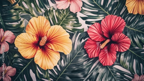 Wallpaper Mural Tropical hibiscus flowers and monstera leaves flatlay background design Torontodigital.ca