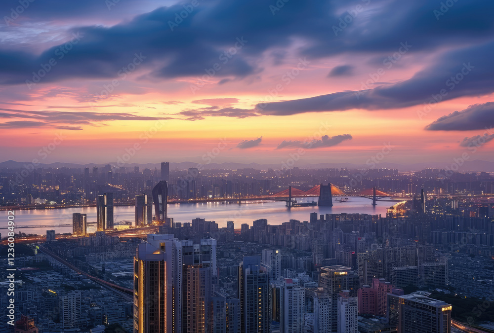 Fototapeta premium Majestic Sunset Over Urban Skyline and River