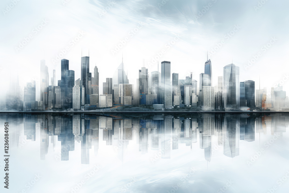 Modern Cityscape Reflected on Tranquil Water Surface Modern Cityscape Reflected on Tranquil Water Surface