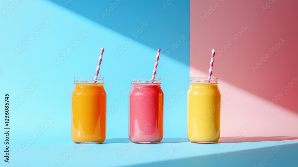 Three colorful smoothies in glass jars with straws Three colorful smoothies in glass jars with straws