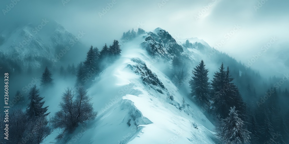 Obraz premium Majestic Mountain Ridge Under Blizzard Conditions with Low Visibility Captured in a Serene Winter Landscape